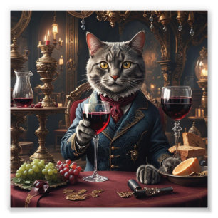 Viktoriansk katt med glas av Red Vin Fototryck