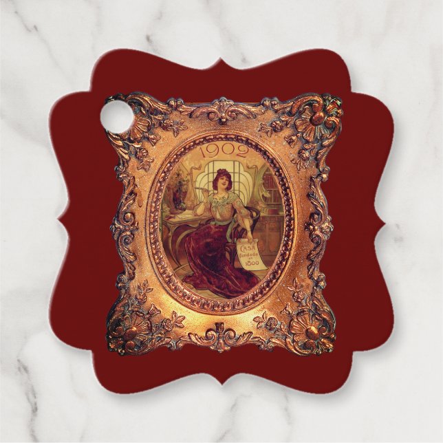 Viktoriansk kvinna elegant guld ram burgundröd gåvor etiketter (Framsida)