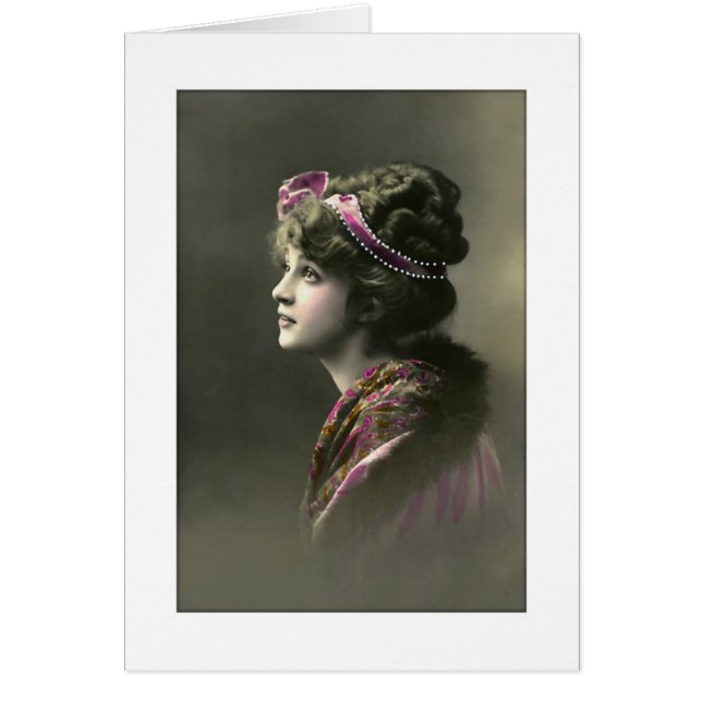 Viktoriansk kvinna med hoppingivande uttryck hälsningskort (Framsidan)