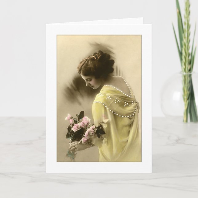 Viktoriansk kvinna rosa ros, romantisk kort (Framsida)