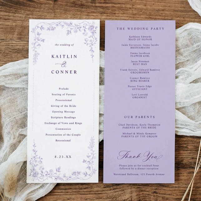 Viktoriansk lila fransk blomsterbröllop program (Lavender wedding program with vintage French chinoiserie floral elements)