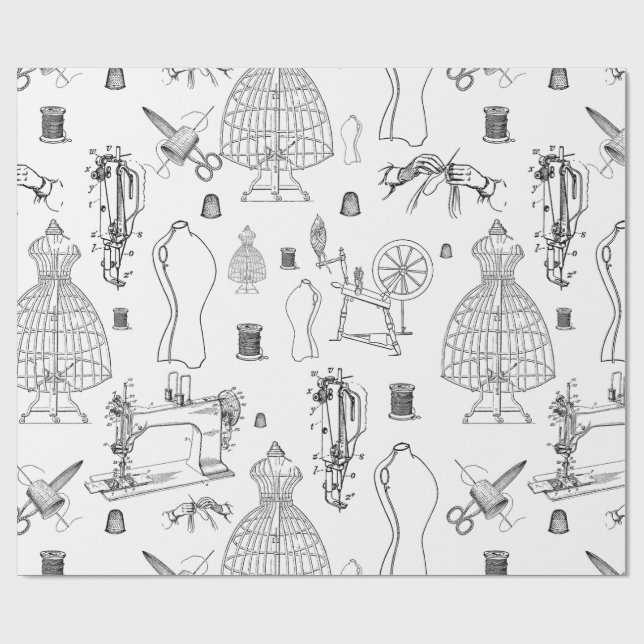 Viktoriansk mannequin-antik sytnos maskin-toile presentpapper (Platt)