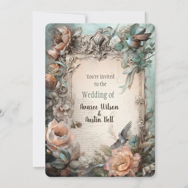 Viktoriansk Pastell Rosa Blå Blommig Inbjudan (Framsida)