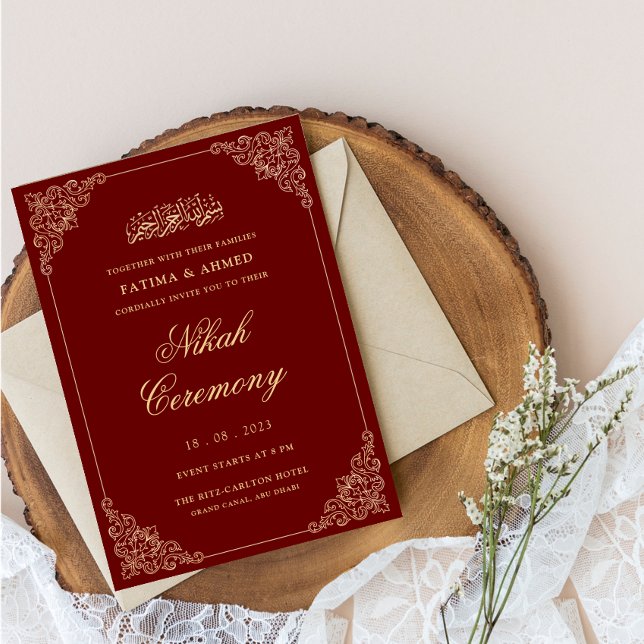 Viktoriansk rokokoramar burgunderröd nikahceremoni inbjudningar (Skapare uppladdad)