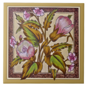 Viktoriansk Sherwin-Blommigt Transferware Repro Ti Kakelplatta