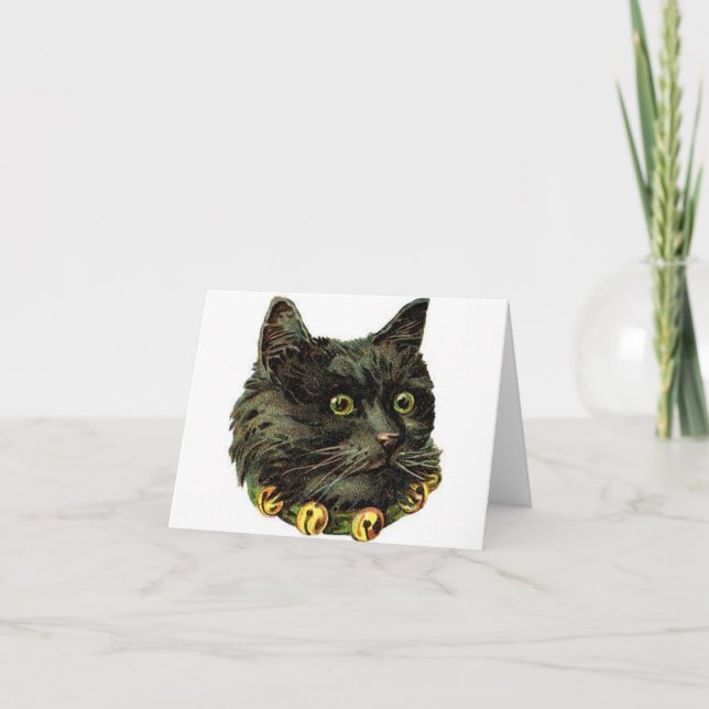 Viktoriansk svart katt med klockklack anteckningskort (Framsida)