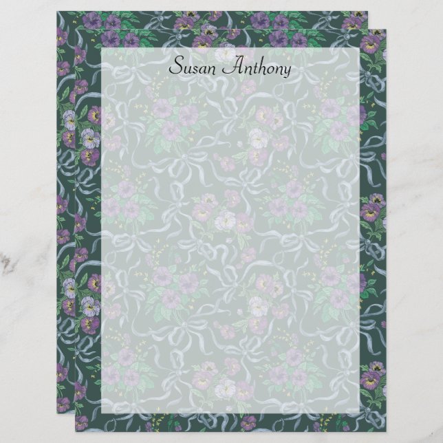 Viktoriansk Vintage Lila Pansies Blue Ribbon Pappe (Fram/baksida)