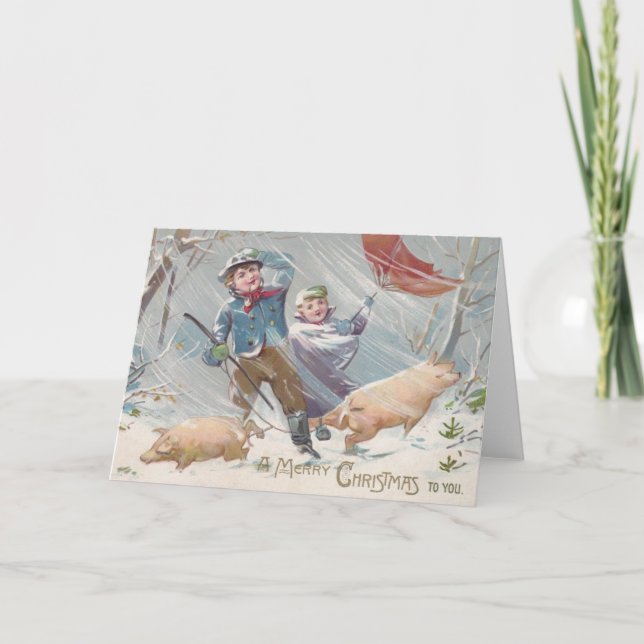 Viktorianska barn och Grisar julkort Helgkort (Framsida)