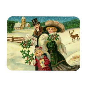 Viktorianska familjen på julscenen i snö magnet