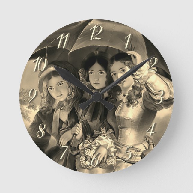 Viktorianska flickor paraplyregndagar segrare dam rund klocka (Framsida)