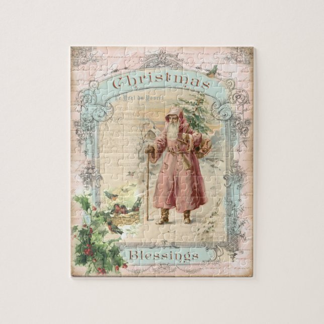 Viktorianska Jultomten Rosa Träd Fågeljul Pussel (Vertikal)