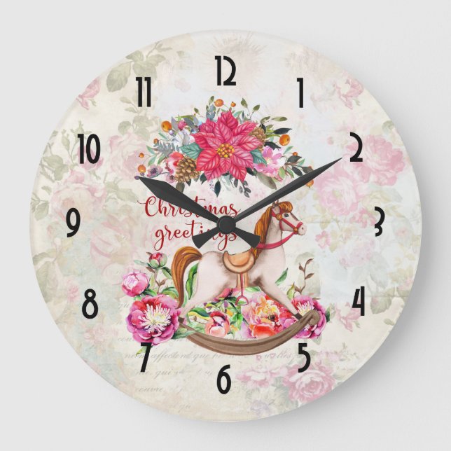 Viktorianska Rocking Horse & Poinsettia jul Stor Klocka (Framsida)