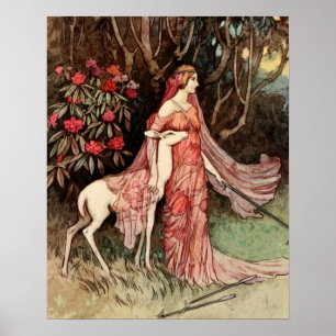 Viktorianska vattenfärgen Woman med Hjort Poster