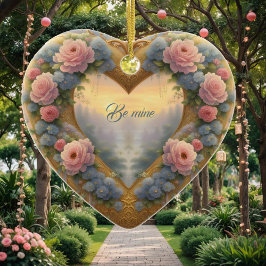 Viktorianskt, gyllene hjärta med blommor julgransprydnad keramik