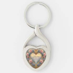 Viktorianskt, gyllene hjärta med blommor twisted heart silverfärgad nyckelring