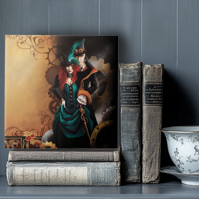 Viktorianskt Steampunkpar Elegans Romantik Kakelplatta (Skapare uppladdad)