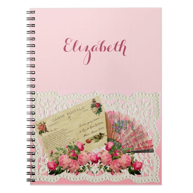Viktorianvykort, Fläkt, Ro, Snöre Doily - Rosa Anteckningsbok (Framsidan)
