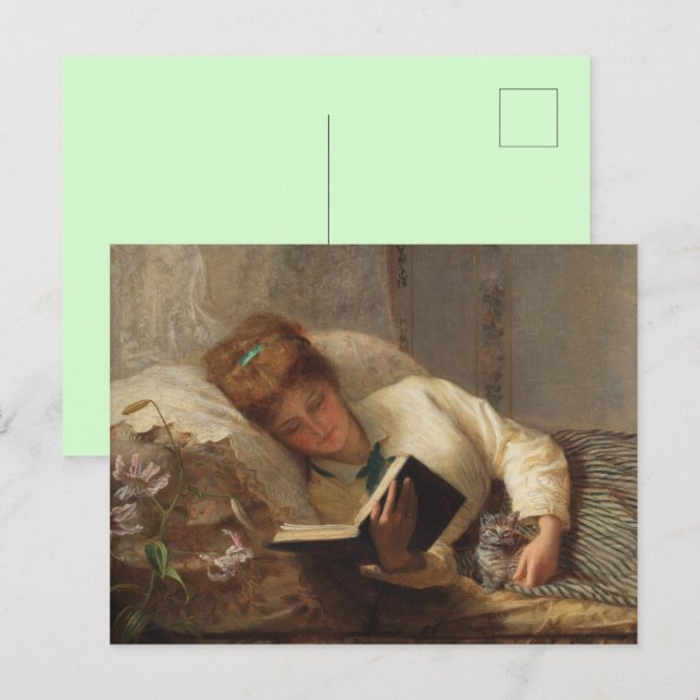 Viktoriatida kvinna som läser hållande kattunge vy vykort (Fram/baksida)