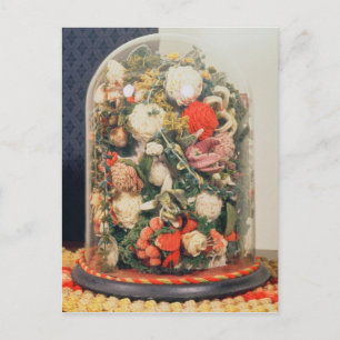Viktoriska ullblommor i ett glas fodral vykort