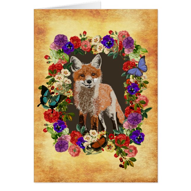 Viktoriskt Blommigt Fox & Butterfly Greeting Card Hälsningskort (Framsidan)