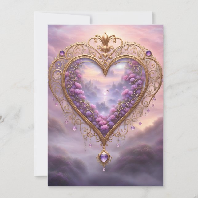 Viktoriskt gyllene hjärta med lilaska blommor, vin julkort (Framsida)