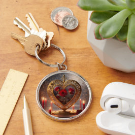 Viktoriskt gyllene hjärta med röd ros, vintage rund silverfärgad nyckelring