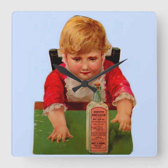 Viktoriskt handelskort: Scott's Emulsion Castor Oi Fyrkantig Klocka (Framsida)