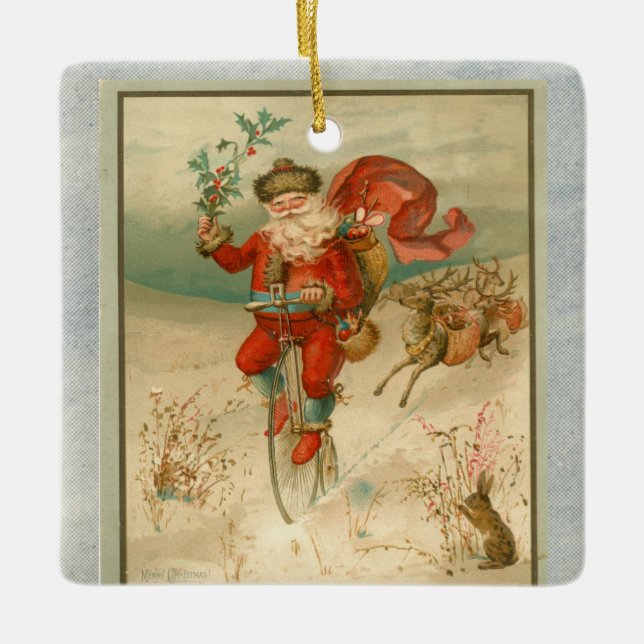 Viktoriskt Jultomten på höghjulscykeln Julgransprydnad Keramik (Framsida)