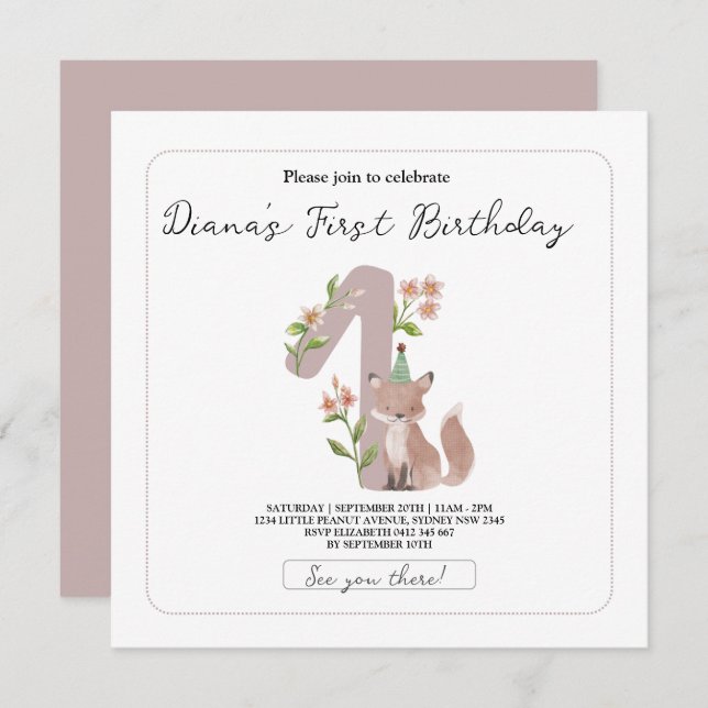 vild 1,1 födelsedag party,skogsdjur,höns inbjudningar (Fram/baksida)