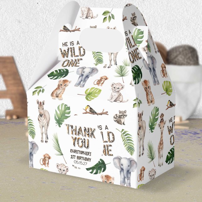 Vild 1:a födelsedag 1 Jungle Théed Birthday Presentaskar (Wild One, Boy 1st birthday, Jungle Animals Themed Birthday favor box.)