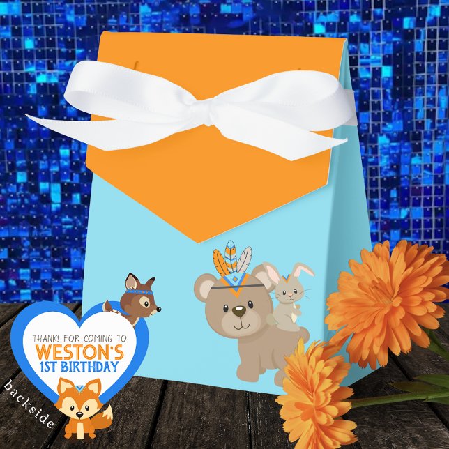Vild 1:a plats-Orange och blå textrutor Presentaskar (Personalized Wild One Bear and Bunny Baby Blue & Orange Treat Favor Boxes)