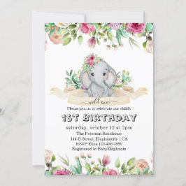 Vild 1 - Baby Elephant and Flowers 1:a födelsedage Inbjudningar