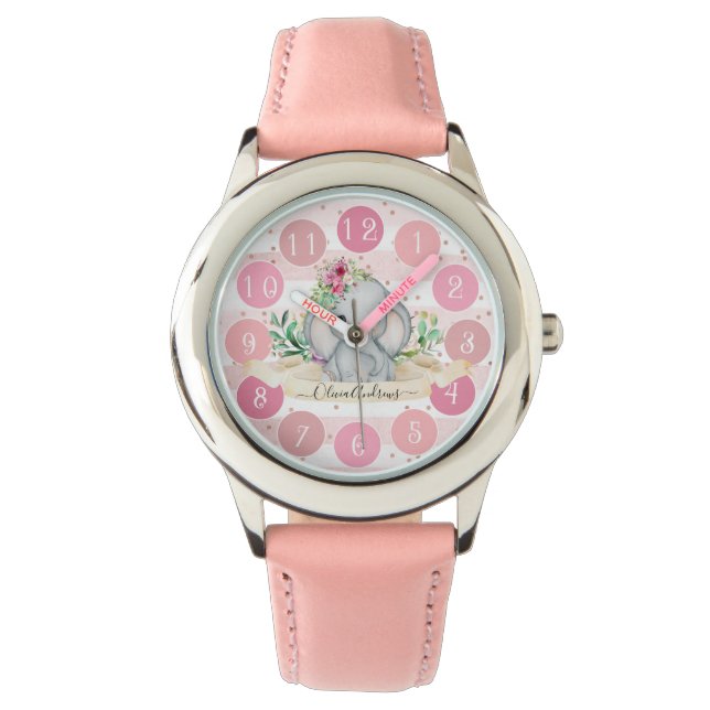 Vild 1 - Baby Elephant and Flowers Cute Girl Armbandsur (Framsida)