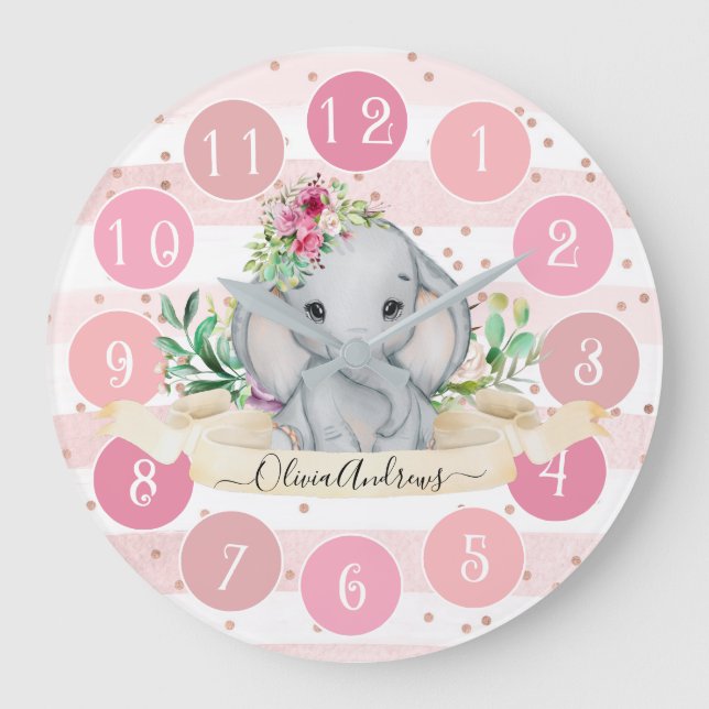 Vild 1 - Baby Elephant and Flowers Large Clock Stor Klocka (Framsida)