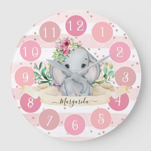 Vild 1 - Baby Elephant and Flowers Large Clock Stor Klocka (Framsida)