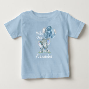 Vild 1 Baby Elephant Balloits Blue på födelsedag T Shirt