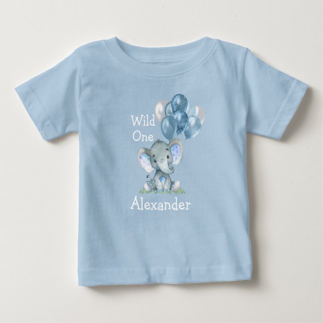 Vild 1 Baby Elephant Balloits Blue på födelsedag T Shirt (Framsida)