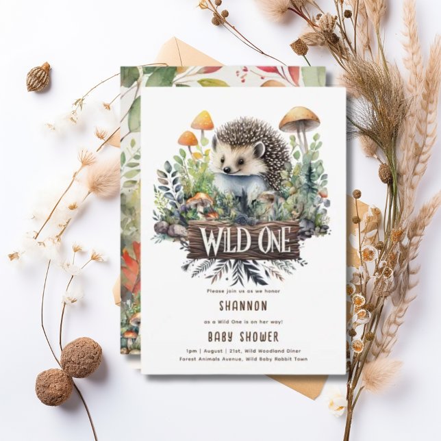 Vild 1 Baby Woodland Animals Hedgehog Rustic Inbjudningar (Skapare uppladdad)
