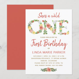 Vild 1 blommigt typografiflicka 1 år party inbjudningar