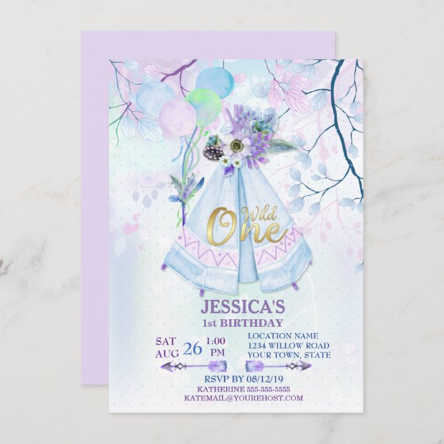Vild 1 Blue TeePee Boho första födelsedag Inbjudningar (Fram/baksida)