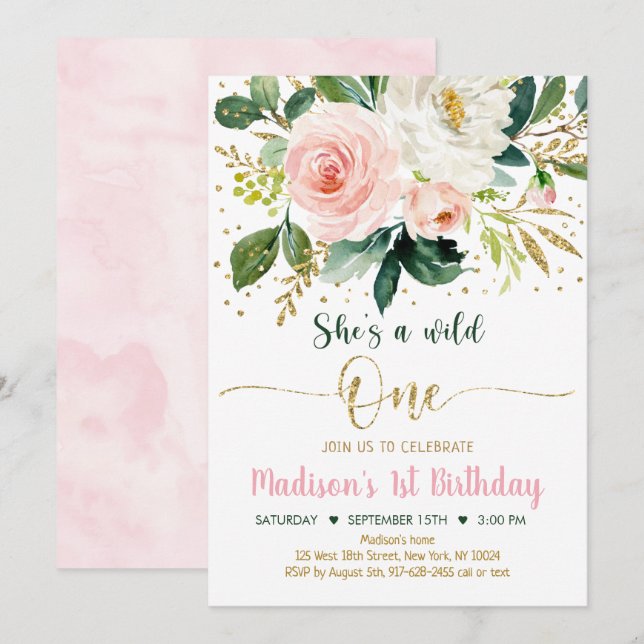 Vild 1 Boho Blommigt Rosa Guld födelsedag Inbjudningar (Fram/baksida)