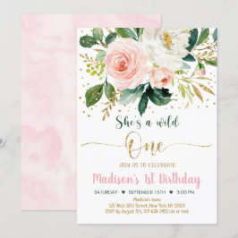 Vild 1 Boho Blommigt Rosa Guld födelsedag Inbjudningar