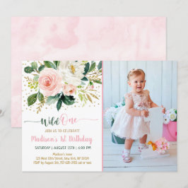 Vild 1 Boho Blommigt Rosa Guld födelsedag Inbjudningar