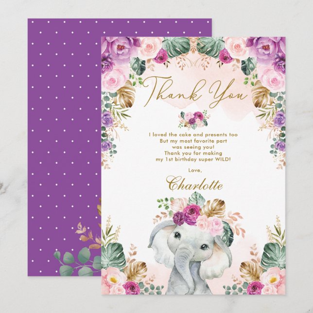 Vild 1 Boho Elephant Rosa Lila Blommigt Birthday Tack Kort (Fram/baksida)