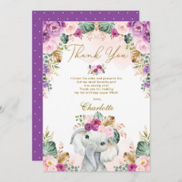 Vild 1 Boho Elephant Rosa Lila Blommigt Birthday Tack Kort