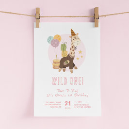 Vild 1 Boho Giraffe Girl 1 Birthday Inbjudningar