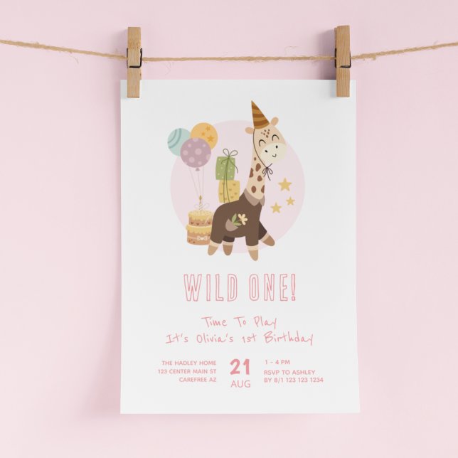 Vild 1 Boho Giraffe Girl 1 Birthday Inbjudningar (Skapare uppladdad)