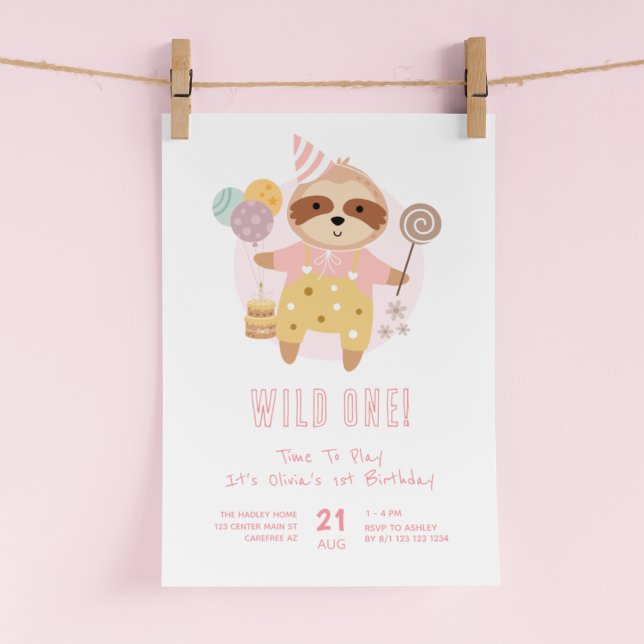 Vild 1 Boho Sloth Rosa 1:a födelsedagen Inbjudningar (Skapare uppladdad)