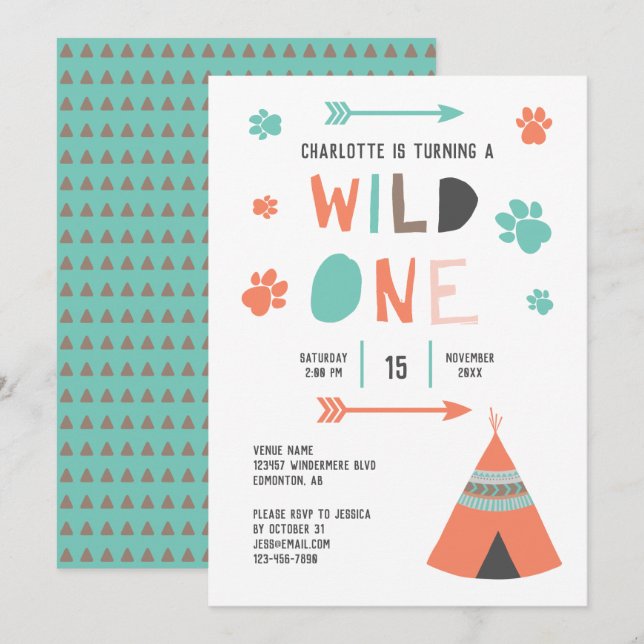 Vild 1 Boho Tribal Girls Birthday Orange Teal Inbjudningar (Fram/baksida)