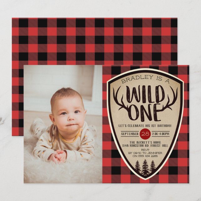 Vild 1 Boys Rustic Play Lumberjack 1:a födelsedage Inbjudningar (Fram/baksida)